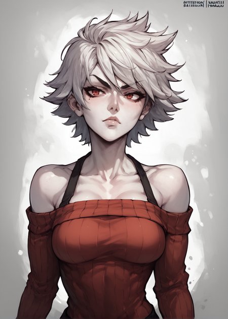 white skins, spiky red short tomboy hair, neutral expression, tight sweater, <lora:NAHIRI:1> nahiri, 1girl, solo, short hair, breasts, bare shoulders, white hair, colored skin,  <lora:muhut_style_PONYXL:1>, source_anime, score_9_up,  score_7_up, score_8_up
