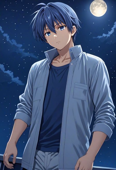 high resolution, solo, best quality, 1Boy, Tomoya Okazaki, Grey Blue Hair, open space, night sky, moon, OverallDetail