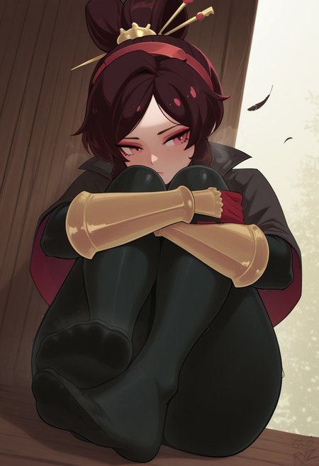 ryz,  outdoors, undershirt, falling feathers, black bodysuit, hair stick, hugging own legs, , gauntlets,   eyeshadow,   red gloves,  high ponytail,  , black capelet, red hairband, pink eyes, 1girl, solo, feet, visible breath,   dynamic angle, foreshortening, smell, steam,