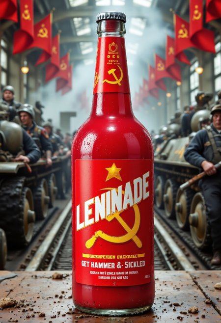 A satirical bottle of red lemonade labeled 'LENINADE,' designed with a bold Soviet-inspired theme, stands prominently in the foreground against the backdrop of a bustling Soviet tank factory. The bottle is sleek and cylindrical, featuring a bright red background with a large golden hammer and sickle logo prominently displayed in the center. The words "LENINADE" are written in bold, white block letters above the logo, with the tagline "Get Hammer & Sickled" beneath it in a large, vintage Soviet-style font. At the bottom right corner of the label, the text "70% ABV" is printed in smaller, clean white letters.

The background is filled with the hustle and bustle of a Soviet tank factory, where workers in overalls are seen moving around heavy machinery and half-assembled tanks. The air is thick with the sound of metal clanging and the smoky atmosphere of industrial labor. Soviet flags, with their iconic red background and golden hammer and sickle, wave proudly in the background, mounted on various parts of the factory and on the tanks themselves. The design of the bottle is clean, minimalist, and impactful, focusing on the hammer and sickle symbol and the bold text, evoking a humorous propaganda-style aesthetic that amusingly contrasts with the serious and industrious environment of the tank factory.
