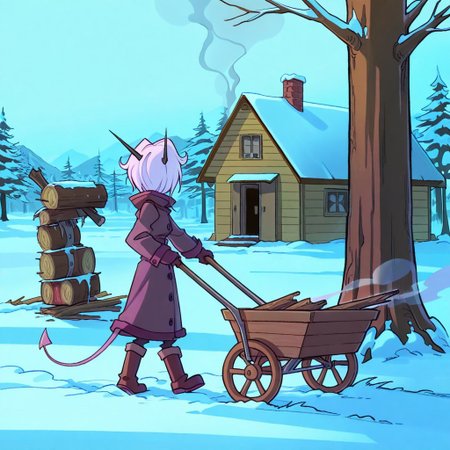 score_9, score_8_up, score_7_up,namah_calah,
1girl,solo,furry,tail, source_furry,horns,
 ,<lora:namah_calah_illustrious:0.8>,
child, kid, 1boy, 
stackiing  logs into a wheelbarrow, snow clinging to her boots. An axe leans against a tree, and smoke curls from a cabin chimney, firewood, wheelbarrow, axe, snow, boots, tree, cabin, smoke, chimney, winter_coat, gloves, outdoors, manual_labor