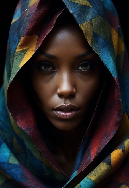 Close-up face, mysterious silhouette of an exotic coloured woman in worn down cape, goddess, alluring, by Minjae Lee, Carne Griffiths, Emily Kell, Steve McCurry, Geoffroy Thoorens, Aaron Horkey, Jordan Grimmer, Greg Rutkowski, amazing depth, double exposure, surreal, geometric patterns, intricately detailed, bokeh,  perfect balanced, deep fine borders, artistic photorealism , smooth,  great masterwork by Suiras  <lora:add-detail-xl:2>  <lora:Double_Exposure:0.5>