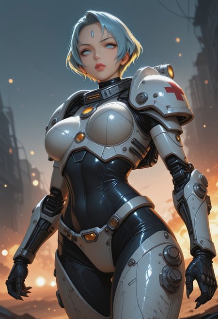 ultra realistic, masterpiece, high detailed skin, best quality, high res, very aesthetic, anime style, studio anime, source_ecchi, anime, (finely detailed face), (petite body:1.3), <lora:Majin_Kesselring_2_nai-000055:1>,Majin Kesselring, blue forehead jewel, sharp fingernails, eyelashes, large breasts, makeup, smokyeyes, mascara, puffy lips, glossy red lipstick, cinematic film still of a female combat-medic (space-marine:1.4), heavy white armor with red cross symbol and the words "medic", (motion-blur:1.4), running through a battlefield, explosions, tracer-shots, warhammer 40000, sci-fi, futuristic, dystopian future, technology, in the style of michael bay, in the style of zack snyder, in the style of christopher nolan, epic. orange & teal tones, shallow depth of field, vignette, highly detailed, high budget Hollywood movie, bokeh, cinemascope, moody, epic, gorgeous, film grain, grainy,  foreshortening, lascivious pose, creating a peaceful and tranquil atmosphere, (blurry background, depth of field:1.1), dynamic dutch angle, bright colors, stunningly artwork, close-up cowboy shot from below,