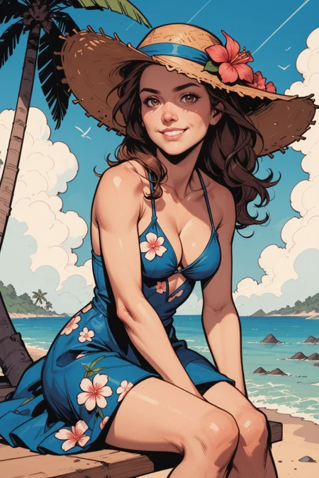 1girl, hat, solo, breasts, outdoors, brown hair, sitting, straw hat, looking at viewer, long hair, palm tree, day, beach, medium breasts, tree, dress, flower, sun hat, smile, cleavage, sky, hat flower, collarbone, brown eyes, lips, water, bare shoulders, umbrella, blue sky, blurry, closed mouth, realistic, floral print, arm support, a_Comic_Illustration, rough lines with ink, (drawn:1.1), (sketch:1.5), (crosshatching:1.25), (comic style:1.1), graphic novel style, sharp lines, hires, zstyle, (western comics \(style\):1.1), (hatching \(texture\):1.2), zPDXL, Mr_Monster_Possitive, <lora:Expressive_H:0.5>, score_9, score_8_up, score_8_up,