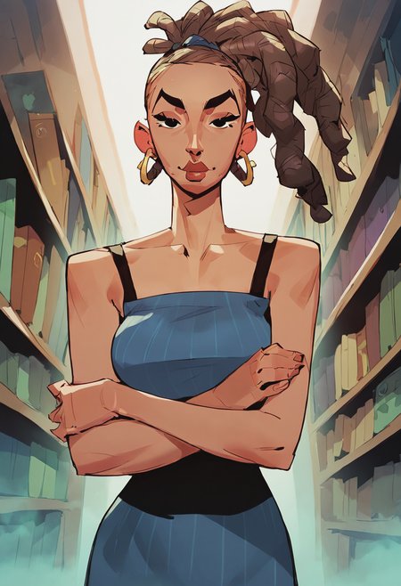 score_9, score_8_up, score_7_up, source_anime, 1girl, large_breasts, mature_female, portrait, solo, looking_at_viewer, open_eyes, Standing with arms stretched out, from_below, (Emerald Jubbah), tri drills, dreadlocks, Dark Brown hair, library, cut-in, rating_safe, <lora:pony\artist_styles\max_grecke_pony:1.0>