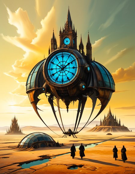 A surreal, dreamlike painting in the style of JarosÅaw Jasnikowski, depicting a gigantic mechanical insect-like cathedral walking across a cracked desert landscape. The cathedral is mounted on insect legs made of bronze and copper, with gears and steam vents along each joint. The architecture is gothic, with tall spires, stained glass windows glowing from within, and massive rotating clock faces embedded in its towers. In the background, a distorted horizon under a greenish-yellow sky, with floating islands and broken bridges suspended mid-air. A small group of cloaked figures watches the walking structure from the foreground, their long shadows cast across the dry, dusty ground. The entire scene is bathed in a surreal light, blending soft golds and dark shadows, giving it a mystical and post-apocalyptic atmosphere. Details are rich with fine mechanical engravings, absurd physics, and metaphysical symbolism, echoing Jasnikowskiâs signature surrealism and imaginative science-fiction fantasy.<lora:SDXLFaeTastic2400:0.4> <lora:extremely_detailed:0.4> extremely detailed, <lora:JarosÅaw_J4sn1k0wsk1_r1:1>,JarosÅaw J4sn1k0wsk1, Masterpiece,best quality,hi res,8k,hi res,8k,award winning,(sharp focus, intricate, highly detailed),