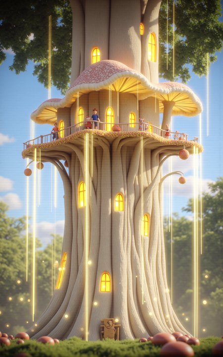 A whimsical treehouse built into the trunk and branches of a massive ancient tree,surrounded by an enchanted glowing forest. Golden sunlight filters through the dense canopy,casting soft light beams and floating golden dust particles through the air. The treehouse features fantasy architecture: glowing mushrooms,stained glass windows,vine-covered wooden beams,and delicate balconies. Full panoramic wide-angle view showing the treehouse nestled within the magical forest,dreamy and luminous daytime atmosphere,3D render environment.,<lora:aidmaMJ6.1_v0.5_3:0.6>,aidmaMJ6.1,<lora:detailifier_sd3.5:1>,detailifier,