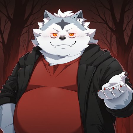 valkianiki, 1boy, solo, furry, male focus, smirk, looking at viewer, bedroom eyes, slightly glowing eyes, fangs out, red shirt, hooded jacket, upper body, outdoors, beckoning, arm towards viewer, overweight, dark forest background