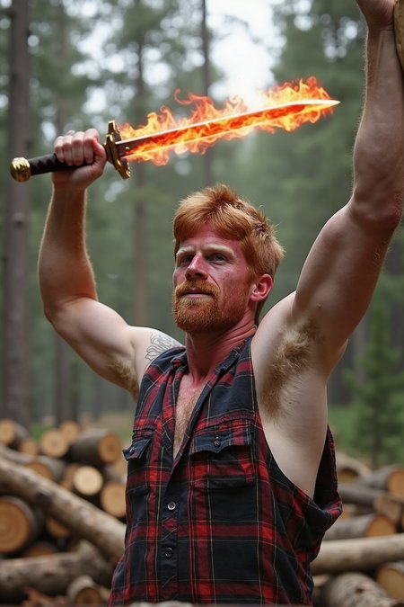 A stunning high-resolution photograph of Aric, a striking ginger man,An action-packed close-up shot of Aric, the ginger warrior, standing ready with a sword of mesmerizing red and yellow fire. The flames dance with fantasy and excitement, casting a warm glow on his face, which exhibits fierce determination. In this serene forest background, ancient trees loom behind him, their trunks bathed in soft light, creating a magical contrast between the natural world and the fiery weapon he wields. The focus captures the intense moment as he prepares to strike, with the surrounding flora blending seamlessly into the magical scene. Created Using: macro photography, cinematic lighting effects, vibrant color interplay, expressive emotion, natural setting, action-oriented composition, high-definition detail, storytelling perspective