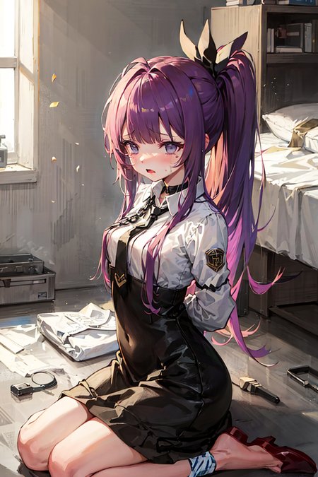 masterpiece,1girl,solo,  <lora:TashkentBoundV1-000006:1> ,purple hair, metal collar, tears,cry,tearing up, white legwear, chain leash,arms behind back:1.2,kneeling,bondage,bdsm, high ponytail,