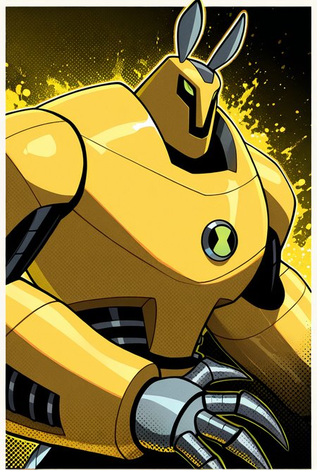 <lora:armadrillo-09:1> armadrillo, robot, claws, yellow armor, grey tail, antennae,  green eyes, yellow background,, masterpiece, best quality, amazing quality, very aesthetic, absurdres, newest,, upper body, halftone effect, white borders, abstract background:1.2,