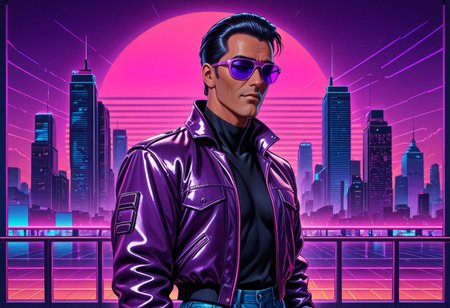 synthwave, neon lights, purple and pink glow, retro jacket, slicked-back hair, sunglasses, city skyline, glowing grid, 80s vibes, standing alone, futuristic background