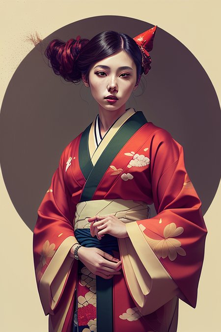 a woman in a red kimono, dope style