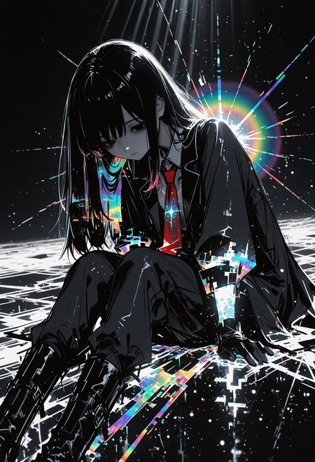 masterpiece, detailed_eyes, high_quality, best_quality, highres, absurdres, 8k, subject_focus, depth_of_field, 
1girl, solo, close-up, long black hair with subtle cosmic shimmer, black eyes with deep void-like glow, red necktie, collared shirt, black long coat with slight cosmic patterns, gloves, black pants, black boots, neutral expression, bright ethereal background, soft ambient glow, sitting, bent knnes, head rests on arms, tired, listless, emotionless, light rays, cinematic lighting, high dynamic range, glowing highlights, surreal luminous aura, rich cinematic depth, soft volumetric light, subtle light particles floating, contrast between dark outfit and luminous surroundings.,dispersion_effect, HDR_effect, spectra_effect, rainbow_prism, colored_highlights, sketch, glitch, cinematic angle, side view
 <lora:748cmSDXL:0.5> <lora:ma1ma1helmes_b:0.5>  <lora:re4lity:1>  <lora:ponyv6_noobV1_2_adamW:0.9>