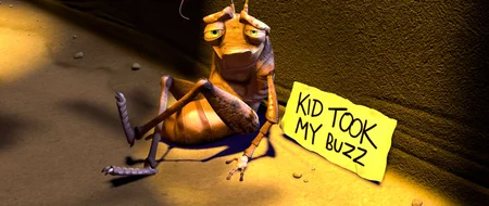 a sign that reads '[KID TOOK MY BUZZ]' in bold, uneven block