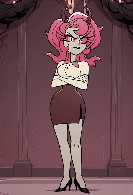 1girl, solo, beverly(Karen), pink hair, devil horns, blouse, white opera gloves, black lipstick, brown miniskirt, black high heels, closed mouth, standing, arms crossed, looking at viewer