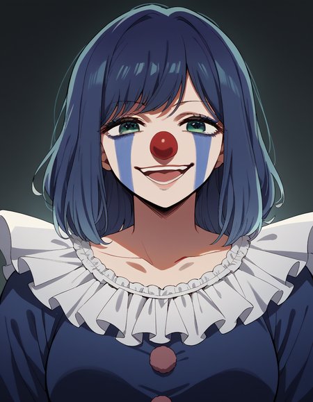 score_9, score_8_up, score_7_up, source_anime, <lora:akane-kurokawa-s1-ponyxl-lora-nochekaiser:1>, akane kurokawa, bangs, green eyes, blue hair, medium hair, dark blue hair, large breasts, <lora:clown-ponyxl-lora-nochekaiser:1>, clown, makeup, clown nose, facepaint, gloves, long sleeves, frills, dress,, smile, open mouth, smug,, cowboy shot