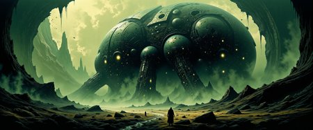 (detailed glowing eyes:1.2), the "fair barbrofflers" are (colossal cybernetic cyborgs:1.1) that merge organic and synthetic components to adapt to the harsh conditions of the deadly ashen deserts on planet "glamourmoor ix", scavenging resources from spaceship wrecks to add to their tingspurdled bodies, dramatic detailed background, (dappled sunlight:1.1), extremely detailed and intricate background, style of dan mumford, <lora:style-dan_mumford-v2-flux-by_tangbohu:0.72> <lora:style-dark_landscapes-flux-by_andreac75:0.6> <lora:style-fantastic_landscapes-flux-by_artifyai:0.6> <lora:image_enhancer-flux-by_dever:0.4>