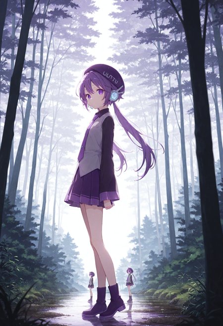 <lora:defoko_Illustrious_Mlaofmd-10:1.0>, masterpiece, best quality, high quality, depth of field, ambient silhouette, backlighting, 1girl, defoko, purple hair, purple beret, purple eyes, grey headset, grey shirt, black sleeves, purple necktie, purple skirt, purple boots, full body, forest, looking at viewer, side view