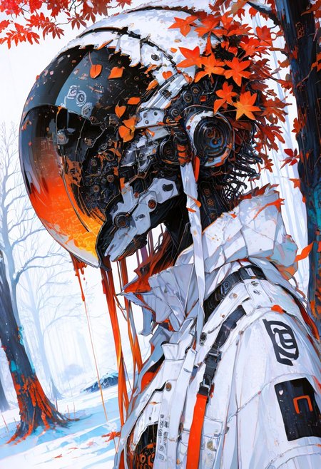 masterpiece, newest,absurdres,very awa,1girl, solo, cyborg,,reflection, visor, abstract, jacquard fabric, techwear, detailed helmet,mcnm, visor,closeup, intricate detail, melting,
BREAK
outdoors, trees, ferns, binary, snow, orange leaves, dutch angle, XUER guangying, r17329_illu, 4ki4k4ne_illu