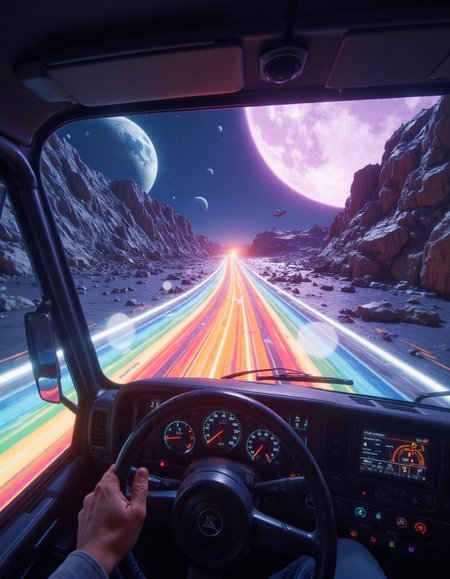 first person POV driving a truck on a rainbow glass road floating in outer space,  <lora:first_person_pov_v1:1> first person pov