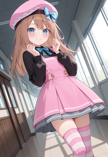 highres, best quality, masterpiece, school, hallway, 
1girl, solo, nptram, brown hair, long hair, blue eyes,
nramaca, hair bow, blue bow, beret, pink headwear, pink dress, pinafore dress, black shirt, long sleeves, striped thighhighs, grey skirt, skirt under dress, 
looking at viewer, blush, smile,
standing, hands up,
dutch angle,
<lora:_ram_neptunia-elesico-ilxl:1>