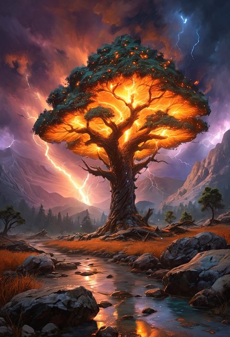 (by Ellen Jewett:1.5), (Fiery orange Bioluminescent Impressionism with lightning, mountain landscape, The Dreamland, Gibson Great  Mountains, rock, sky, giant tree, great grand tree on mountains, great fire, great lightning, scenery, great great magical tree, sunset, sunrise , stream, lightining, snow and ice, ethereal landscapes, depth of field, biotech emotion:1.3) <lora:xl_more_art-full_v1:0.5> <lora:add-detail-xl:1> , ral-wlfnte <lora:RMSDXL_Creative:2>