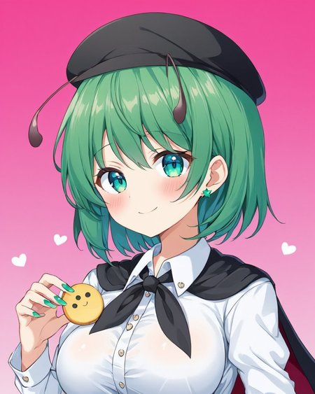 wriggle nightbug,1girl, solo, white_shirt, antennae, upper_body, smile, looking_at_viewer, blush, long_sleeves, collared_shirt, breasts, closed_mouth, white_background, heart, black_cape, gradient_background, buttons, nail_polish, simple_background, holding_food, gradient, green_nails, hat, pink_background, aqua_nails
<lora:wriggle_nightbug_image3698_2023-12-11-000006:1>,star-shaped_pupils,symbol-shaped_pupils,. gorgeous,key visual, vibrant, studio anime,award-winning, professional, highly detailed,high budget, cinemascope