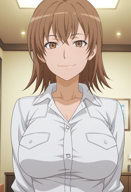 1girl,solo,mm,mature female,short hair,brown hair,brown eyes,large breasts,anime coloring,
white shirt,upper body, looking at viewer, smile, indoors, 
,masterpiece,best quality,amazing quality,<lora:Misuzu_Misaka-Toaru_Majutsu_no_Index:0.8>