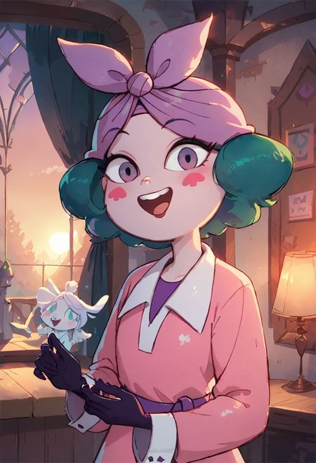 score_9, score_8_up, score_8, Eclipsa Butterfly, green hair, short hair, purple eyes, red spade blush stickers, dark hands, pink pajamas, purple bandana, dark purple shirt, purple belt, white bunny slippers,
upper body, in a room, sunset, warm light, smile, open mouth, upper teeth,