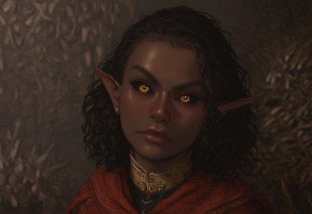 safe_pos, solo, short pointy ears, piercings, nord woman, random elf face, aquiline features, dark elf, weathered skin, large nose, animated realism, zoomed out, Syrian features, torso, subterranean, glowing mushrooms, mushroom forest, cave enviroment, large cavern, gloomy lighting, ancient ruins, interior, dark soil floor ,grey-blue skin, scarlet and gold clothes, medium armor, bone plate armor, ivory straps and fittings, grey wood neckguard, dark red sclera, black pupils, distant mushroom forest, blue-green light, neon, highly detailed, defined features, looking at viewer, three quarters view, from above, dynamic lighting, 36 years old, light and shadows, patterned cloth, determined expression, expressive eyes, detailed medieval clothes, medium_breasts, medium hair, wavy hair, thick hair, beaded hair, braided hair, under cut hair, semirealistic, alien elf, spanish features, jewish features, black hair, dark red hair, umber skin, sharp features, red persian print cloak, nighttime, high detail, absurdres, pretty eyes, detailed eyes, yellow eyes,