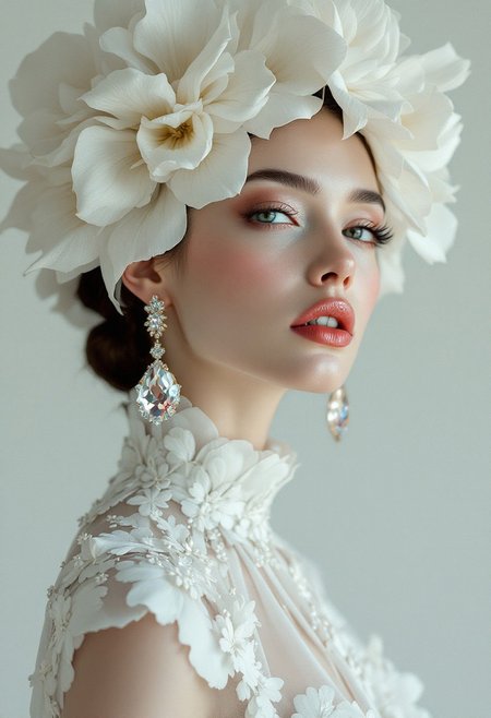 Parameters: 8k, hyper-realistic, cinematic quality, photorealistic, HDR, high-fashion editorial photography, sharp detail, minimalist composition, vibrant tones, matte finish.
Subject: Minimalist Grace, a stunning female model with flawless porcelain skin and a poised expression. She wears a couture headpiece crafted from delicate white fabric petals that cascade seamlessly into her high-neck floral gown. Her look is elevated by statement drop earrings featuring large faceted gemstones that catch the light. Her makeup is refined, with soft blush tones, bold lashes, and glossy coral lips, exuding elegance and sophistication.
Instructions: Capture a close-up editorial portrait in a minimalist studio setting with a clean white background to enhance the monochromatic floral textures. Use soft, diffused lighting to highlight the intricate details of the headpiece, the luminous gemstone earrings, and the model’s radiant complexion. The composition should emphasize the interplay of textures and the model's graceful yet striking presence.
Style Reference: Inspired by Vogue Brasil covers, blending haute couture design with minimalist aesthetics. The look combines avant-garde artistry with timeless beauty for a bold yet delicate visual statement.
Camera Settings: Canon EOS R5, 85mm f/1.8 lens, ISO 100, f/2.8 aperture, 1/200 shutter speed. Use softbox lighting to create even illumination and subtle highlights, ensuring a polished, high-fashion result.