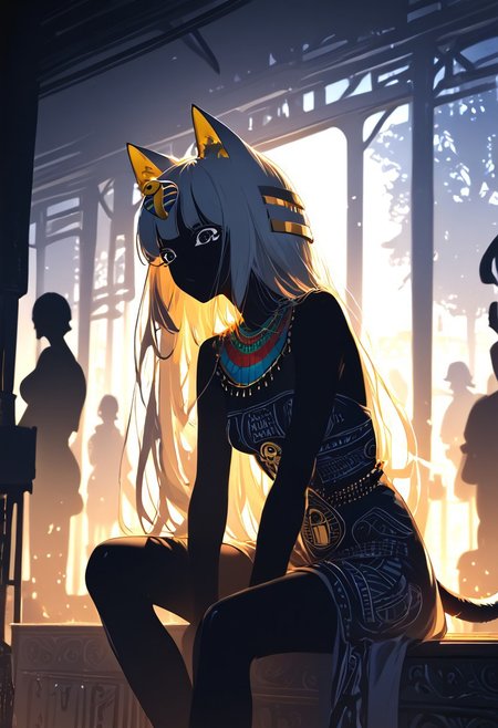 (masterpiece, best quality), (score_9, score_8_up, score_7_up,source_anime), 4K8K, high res image, Uncorrected, white print, lineart print, print, 
from front, body focus, portrait, 
Ankha_(Animal_Crossing), (solo:1.3), 
(animals), silhouette, backlit, backlighting, dark night, Porcelain Mix Gold, pmg style, 
(golden lines, white silhouette skin, Skin like porcelain), 
sitting, bent over, spreading legs, Arms between legs, Porcelain wall, (small stature, petite:1.3), (breasts:1.1), (white hair, verry long hair, cat ears, cat's eyes, Ankha eyes),