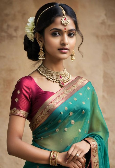 a british-indian young women, wearing saree and heavy indian jewellery, futuristic, (t extremely beautiful:1.4), (masterpiece, best quality:1.4) ,
<lora:epi_noiseoffset2:0.5> <lora:add-detail-xl:1> <lora:xl_more_art-full_v1:0.5>