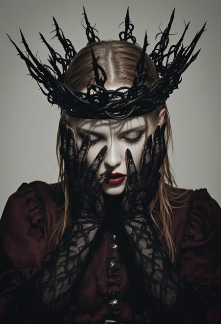 The image is a digital artwork featuring a dramatic, gothic-inspired scene. The subject is a person with a pale, possibly androgynous face, adorned with a striking, ornate, black crown made of twisted, spiky metal pieces. The crown appears heavy and menacing, casting intricate shadows on the subject's face and hands. The person's hair is light brown, wet and slicked back, suggesting a recent shower or rain.
Their eyes are closed, and they are covering their face with their hands, which are clad in long, black, lace gloves that extend to their elbows. The gloves have intricate, almost ethereal patterns, adding to the gothic aesthetic. The subject's lips are painted a deep, dark red, enhancing the dramatic, almost morbid appearance.
They wear a deep maroon, long-sleeved shirt with a high, ruffled collar, cinched at the waist with a small, ornate buckle.