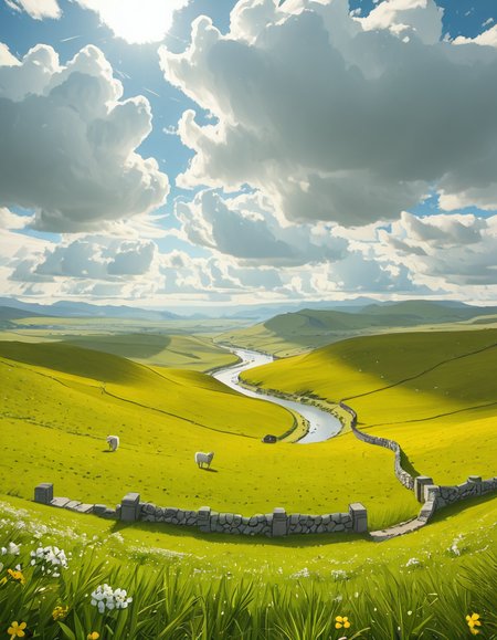A breathtaking, high-resolution photograph of the rolling plains of Ireland, stretching endlessly under a vast, cloud-streaked sky. The landscape is a lush, vibrant green, with gentle hills covered in soft grass and dotted with scattered wildflowers. Ancient stone walls and winding dirt paths cut through the fields, marking old farmland boundaries. In the distance, a few solitary sheep graze peacefully, their white wool contrasting against the emerald grass. A small, clear river meanders through the valley, reflecting the soft light of the sky. The horizon is framed by low, misty mountains, adding depth and mystery to the scene. Above, the sky is a mix of bright blue and fluffy white clouds, casting dynamic shadows across the landscape as beams of sunlight break through. The atmosphere is serene, timeless, and rich with the natural beauty of the Irish countryside.
<lora:SDXLFaeTastic2400:0.4> <lora:extremely_detailed:0.4> extremely detailed,rolling plains of 1r3l4nd, <lora:rolling_plains_of_1r3l4nd-i:1>, Masterpiece,best quality,hi res,8k,hi res,8k,award winning,(sharp focus, intricate, highly detailed),