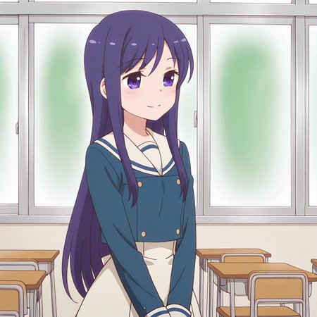 nsfw, masterpiece,best quality,amazing quality,1girl, solo,anima_yell_hizume_arima, long hair, school uniform,  blue hair, skirt,serafuku, indoors, purple hair, smile, classroom,  <lora:Hizume_Arima_-_Anima_Yell:0.7>