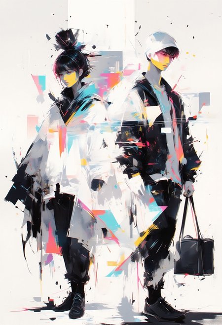 aidmaimageupgrader, male and female character framed by geometric shapes, glitchcore aesthetic, white space dominance, minimalist design, soft gradients, glowing holographic lines, fragmented glitch effects, subtle neon overlays, abstract symmetry, futuristic fashion with clean lines, muted color palette, digital distortion around edges, serene atmosphere, faded visual artifacts, worn textures, dreamlike holographic glow, delicate composition, degraded digital aesthetics, quiet focus, ethereal ambiance,pscho_4rt