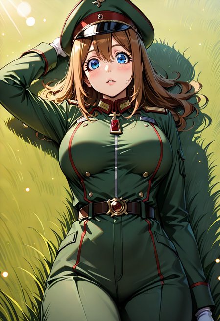 score_9, score_8_up, score_7_up, dynamic view, eye_focus, solo, looking_at_viewer, 1girl, 
masterpiece, best quality, bokeh, luminescent background,
( viktoriya ivanovna serebryakova, ,   brown hair, blue eyes, large breasts, long hair, hair between eyes, bangs, , brown belt,  long sleeves,   military jacket,  green military uniform, green military pants,   white gloves, peaked cap, black boots, )
looking_at_viewer, 1girl, masterpiece, best quality, bokeh, luminescent background, girl, solo, arm up, blush, looking at viewer, lying, on back, parted lips, grass, sunlight,