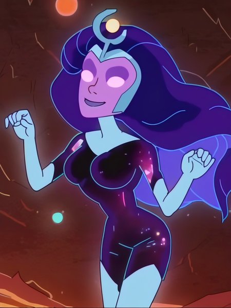 score_9, score_8_up, score_7_up, 1girl, hands up, leaning forward, dynamic pose, smile, looking at viewer, space, sky, stars around, cowboy shot, cute pose,
 <lora:ASuperNova_character:1>, SuperXLP, colored skin, no pupils, purple hair, long hair, purple skin, bodysuit, elbow gloves, glowing, anime screencap,