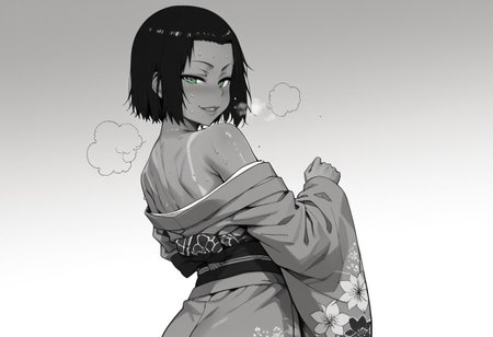 score_9,score_8_up,score_7_up,cinematic shadow,monochrome,(fullbody:0.7),
naughty face,sweat breath,half closed eyes,seductive pose,standing,back,kimono,
1boy,black hair,short hair,green eyes,forehead,swafragilenos,tanlines,<lora:swafragilenos:1>