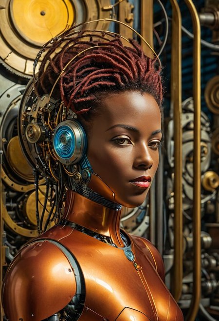 in the style of Style-Afro-Steampunk, award winning  robot woman automaton  hybrid human and machine, wire dreadlock hair, regal, temple guardian ,
backlighting, bloom, light sparkles, chromatic aberration, sharp focus,
robot, robotics, micronics, android, retro-futurist, automatic, assembly, factory
