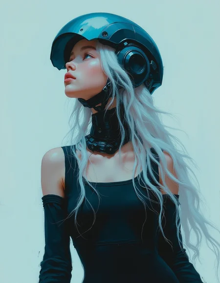 cinematic still Minimalist painting of a young teen albino cyborg girl by Albert Lynch, Abbott Handerson Thayer, highly detail, best quality, sci-fi, mechanical joints, black tight dress with exposed shoulders and low neck line, dark blue outline, futuristic helmet, visor glass, dynamic pose, dark blue outline, innocent, serene, white skin, pale skin, blue eyes, long flowing white hair, ultra detailed, romantic, Rembrandt lighting, brush strokes, warm light, magic, extremely coherent, cute, beautiful, cinematic, stunning, creative, positive, cheerful, unique, cool, inspiring, pure, rational, very inspirational, friendly, thought, glowing, magical, perfect, intricate, wonderful, lovely, del1cate_balance style, in the style of Rembrandt. vantablack <lora:style_of_Rembrandt_FLUX_135:.8> <lora:- Flux1 - vanta_black_V2.0:.8>  <lora:Delicate_Balance:.3> <lora:neeeg_f1:-1>