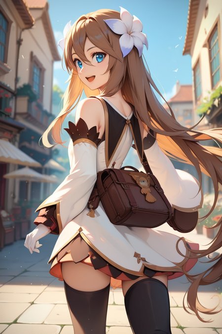 score_9, score_8_up, score_7_up, very aesthetic, source_anime, detailed, high quality, beautiful, masterpiece, detailed eyes,
village, blurry background,
<lora:lightXL:0.8>
cowboy shot, upper body, walking,
 from behind,  looking back, smile, open mouth,
<lora:marta_autismConfetti_v01:0.95>marta lualdi, blue eyes, brown hair, long hair, dress, hair ornament, hair between eyes, detached sleeves, knee boots, hair flower, white gloves, miniskirt, black thighhighs, bag, zPDXL