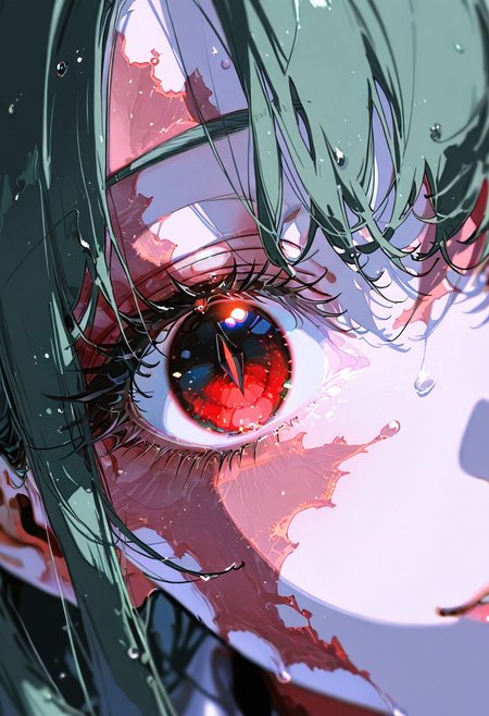 masterpiece, best quality, good quality, newest, highres, absurdres, uncensored,
BREAK 
detail background, very awa, absolutely eye-catching, (beautiful face), 
BREAK
amazing quality, best quality, ultra-detailed, 8K, illustration, CG, ultra-detailed-eyes, cute girl, eyelashes
BREAK
(sexy, slutty, hot, aroused) (only girl, solo foucus)
BREAK 
parted lips, puffy lips, smile, seductive expression, wet hair, wet, from above, blurry foreground, 
BREAK 
perfect composition, solo, 1girl, extreme eye close up, eye focus, eye reflection, wide eyed, eyelashes, blank stare, (looking at viewer), eye focus, light smile
BREAK
professional lighting, , Photorealistic, source_real, 8k, night, blurry background, sharp focus, (extreme close:2.0), red eyes, glowing eyes, slit pupils, green hair, perfect nose, slicked back, smooth hair, parted hair, shiny, burn scar,
(by yoneyama mai, rolua, roitz \( roitz \):1.25), colored lines, (ONE EYE FOCUS)