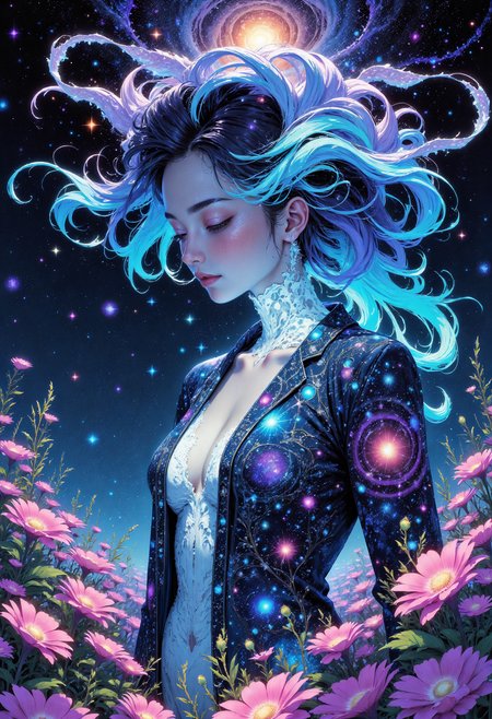 (in Otomo Katsuhiro style:1.2), masterpiece, high-quality, A mystical woman embodying the essence of the cosmos, her attire a celestial robe adorned with shifting patterns of stars and nebulae, Her hair flows like threads of the aurora borealis interwoven with glittering stardust, upper-body portrait, The light source is an ethereal glow radiating from a nearby supernova, The background depicts a surreal field of glowing flowers blooming in the void of space, (elaborate fine details:1.1), (hyperdetailed:1.1), (intricate details:1.0), (Refined details:1.1), (best quality:1.1), (high resolution:1.2), <lora:FLUX\VividlySurrealV2:0.6> <lora:FLUX\RIDD_FluxMedian:0.6>