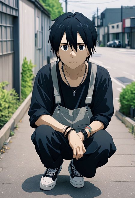 high resolution, professional photography, best quality, 1Boy, Kirigaya Kazuto, Black Hair, Black Eyes, overalldetail, lofi, candid, squat, depth of field, shirt, photo model, looking at viewer, bracelet, necklace, sneakers