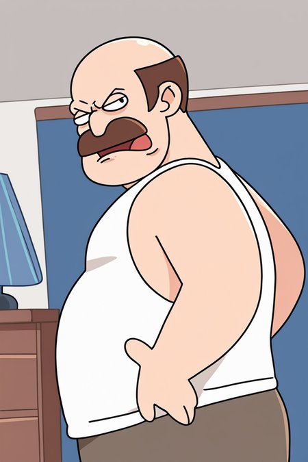 masterpiece, best quality, highres, extremely aesthetic, classicdadvk, 1boy, solo, male focus, mature male, balding, short hair, brown hair, facial hair, mustache, black eyes, white tank top, brown pants, fat man, looking at viewer, frown, angry, open mouth, standing, hands on own hips, cowboy shot, indoors, living room <lora:Classic Dad - VK stickers v1.1 [LoRA] - NoobAI-XL EPS 1.0:0.8>