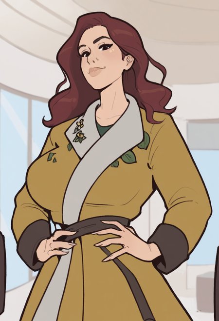 score_9, score_8_up, score_7_up, 1girl, mature_female, large_breasts, portrait, solo, looking_at_viewer, open_eyes, Dancing with both hands on hips, from_below, (Puc Long coat), pointy hair, pompadour, salt-and-pepper hair, mall, cropped_arms, rating_safe, <lora:pony\artist_styles\hornyx_pony:1.0>