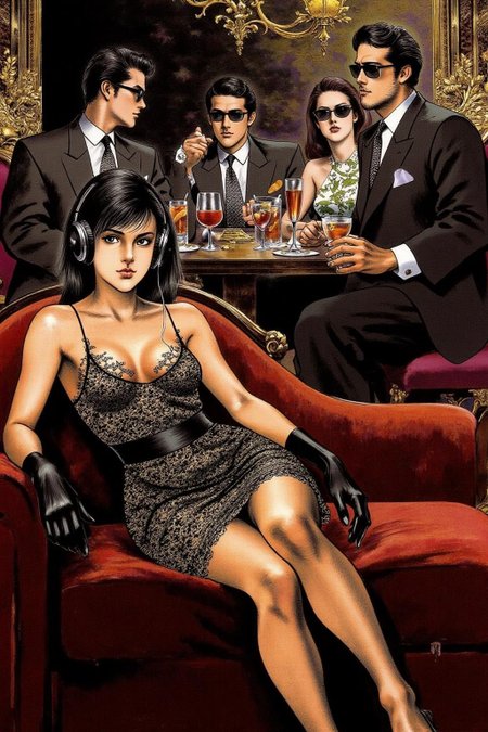 1keryo illustration. 
A luxurious, dimly lit lounge set in 1970s Italy, exuding vintage charm and opulence. A stylish young woman in a lace dress, wearing oversized headphones, lounges on a plush velvet couch with an air of cool detachment. She dons sleek black gloves, embodying the effortless glamour of the era. In the background, a group of fashionable, well-dressed people in tailored suits and cocktail dresses sit around a table, enjoying drinks and conversation, all wearing sunglasses. The room is adorned with ornate gold decor, rich velvet textures, and the warm glow of dim lighting, evoking the chic sophistication of Italy's high society in the 1970s. <lora:1keryo1_cap_d6a3e12:1.0><lora:826552076847898535:0>